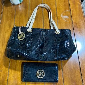 Michael Kors black shiny snakeskin purse and matching wallet